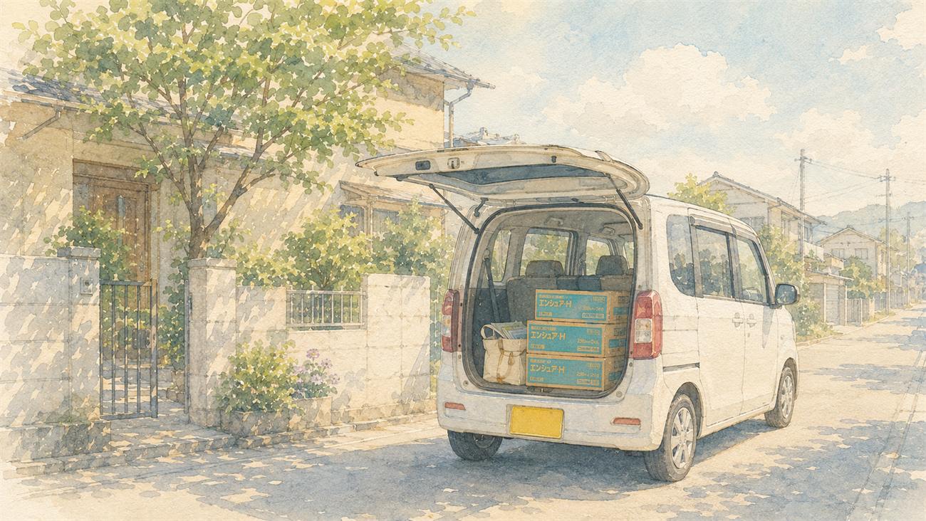 在宅訪問のため、車に栄養剤を積み込む様子を描いたイメージ